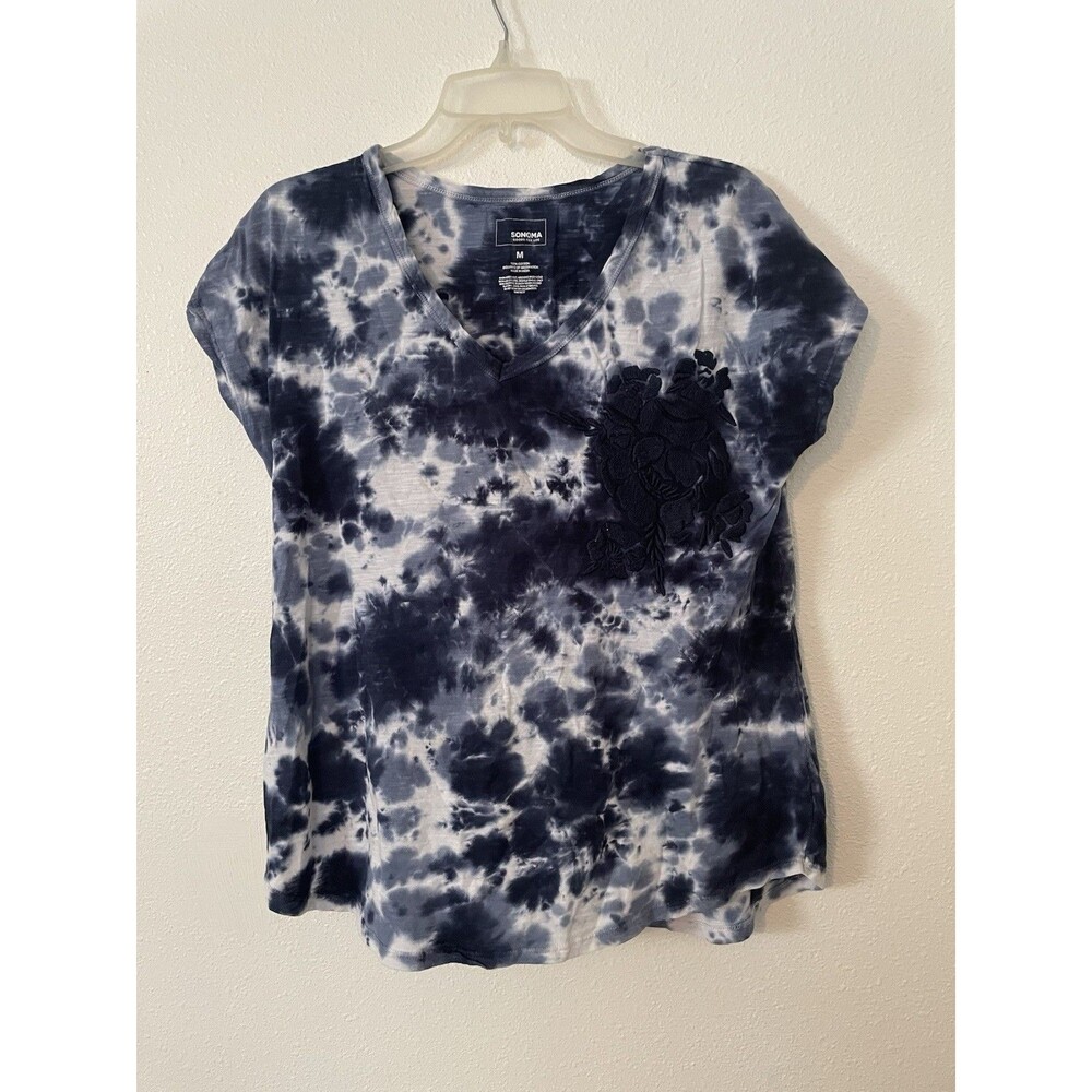 Sonoma Womens Medium Blue Tie-dye Embroidered Short Sleeve Tee T-Shirt